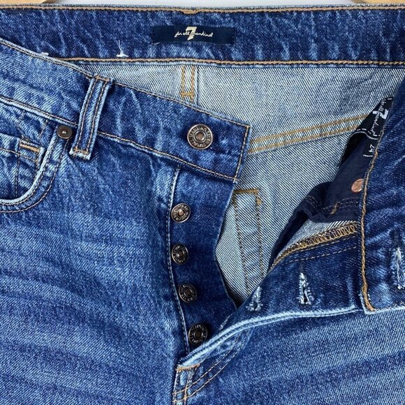 7 For All Mankind • High Waist Button Fly Distressed Blue Jean - Picture 5 of 9